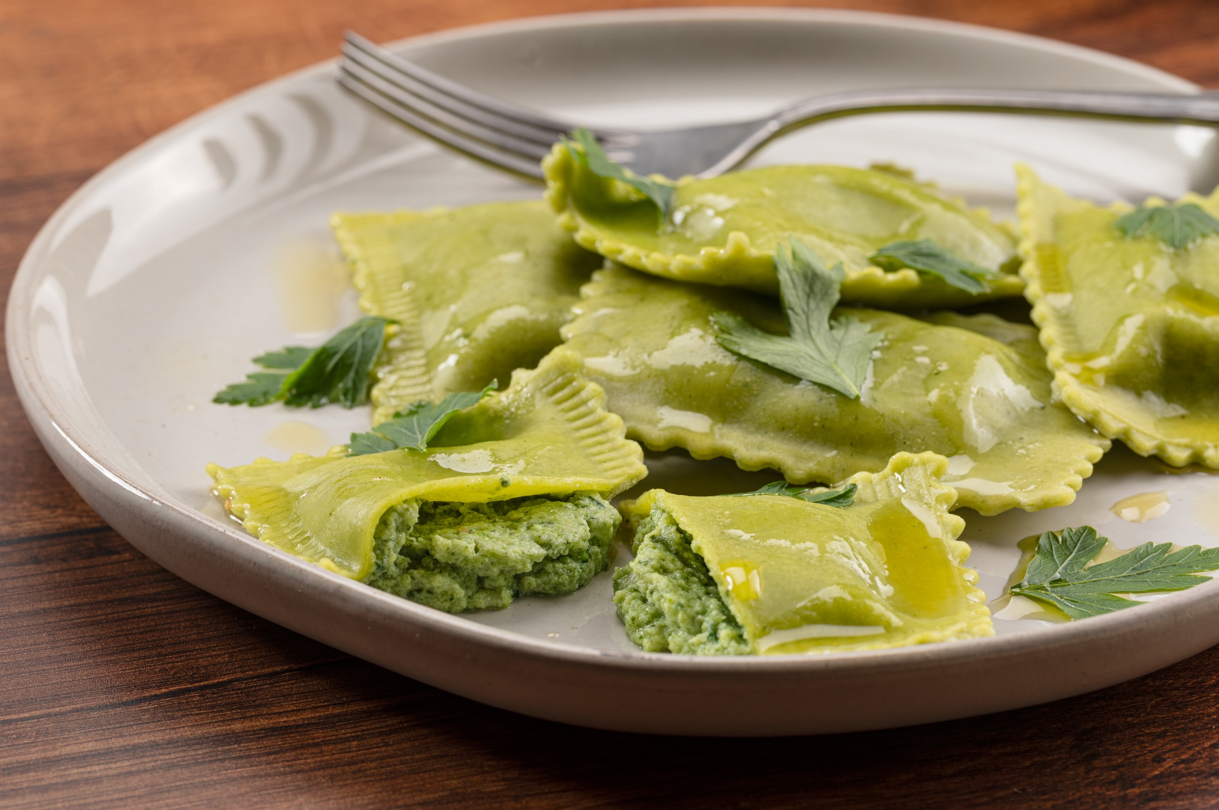 Bruno's spinach ravioli cut open to reveal the filling