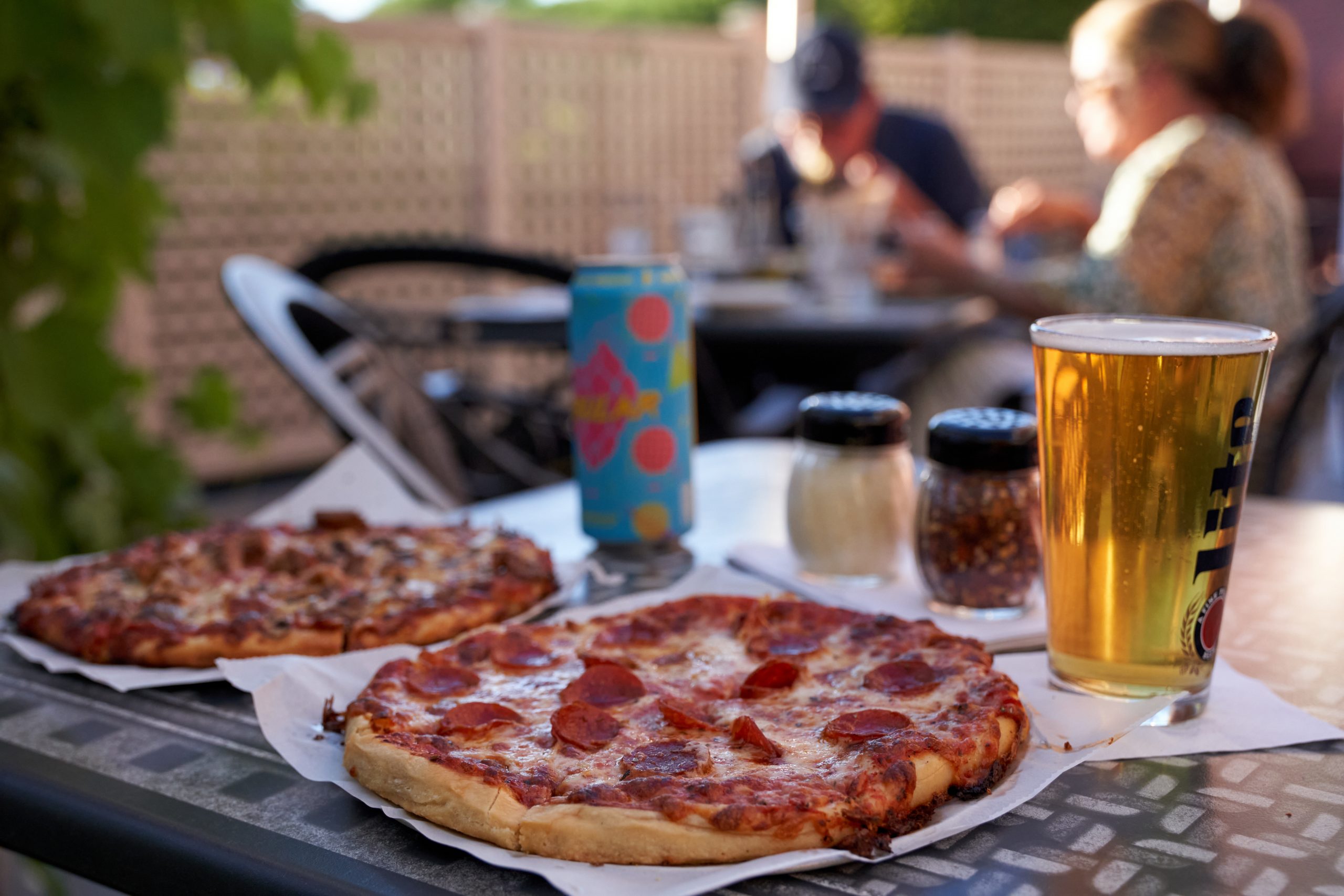 A pizza served on Bruno's patio
